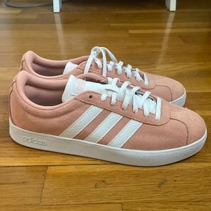 Pink and white Adidas sneakers, size 8